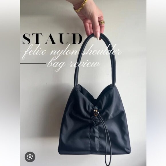 STAUD Felix Shoulder Bag Nylon Leather Trimmed Ruched Shell Tote Logo Zip Pocket - Picture 7 of 16